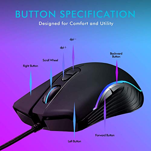 Lycander Gaming Mouse, Wired Optical USB Mice with Adjustable dpi up to 6400, 7 Buttons, LED, 1.5M Cable