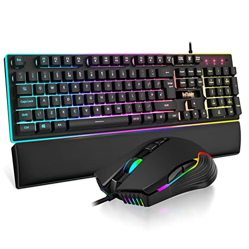 RedThunder K10 Wired Gaming Keyboard and Mouse Combo, UK Layout, True RGB Backlight, Soft Leather Wrist Rest, Mechanical Feel Ergonomic Anti-Ghosting Keyboard + 7D 7200 DPI Mouse for PC, Mac (Black)