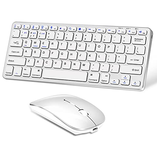 Bluetooth Keyboard and Mouse Set, QWERTY UK Layout Wireless Keyboard and Mouse for iPad Mac Tablet Laptop Computer Smart TV, Slim Compact Keyboard and Mouse Rechargeable Noiseless (2BT+USB)