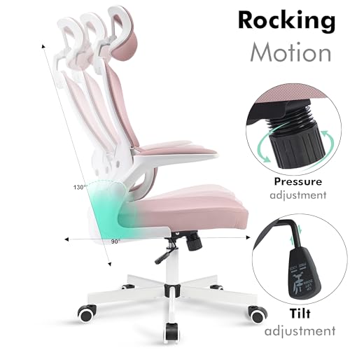 Bliswood Office Chair With Headrest, High Back Ergonomic Mesh Chair With 90° Flip-up Arm Swivel Computer Chair, Adjustable Height 360° Rotation Gaming Chair For Home Office (Pink)