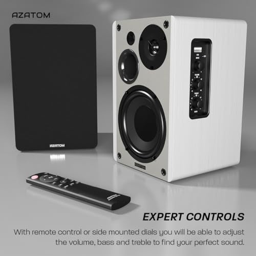 AZATOM EB100 Powered Bookshelf Hifi Speakers, 2.0 Active, Bluetooth, Wired, Wooden Enclosure, Perfect for Music, Vinyl records, Home Theatre, Gaming, Laptops, PC, 50 Watts (White)