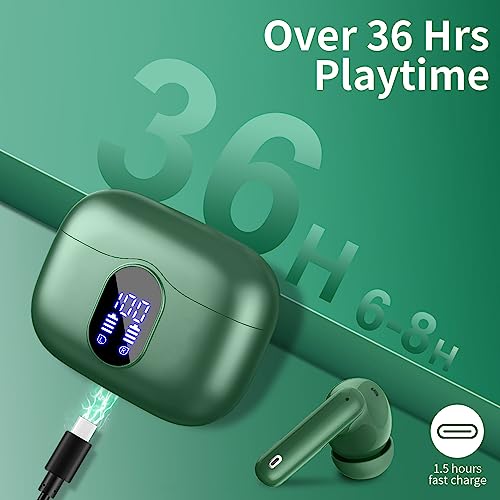 Wireless Earbuds, Bluetooth 5.3 Headphones In Ear with 4 ENC Noise Cancelling Mic, 2023 Bluetooth Earphones Mini HI-FI Stereo Sound, LED Display Wireless Headphones 36H Playtime IP7 Waterproof, Green