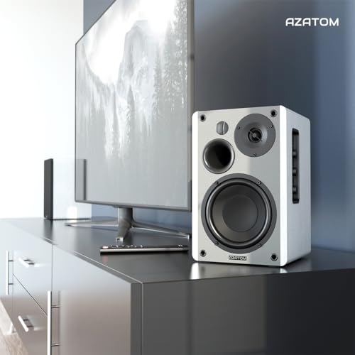 AZATOM EB100 Powered Bookshelf Hifi Speakers, 2.0 Active, Bluetooth, Wired, Wooden Enclosure, Perfect for Music, Vinyl records, Home Theatre, Gaming, Laptops, PC, 50 Watts (White)