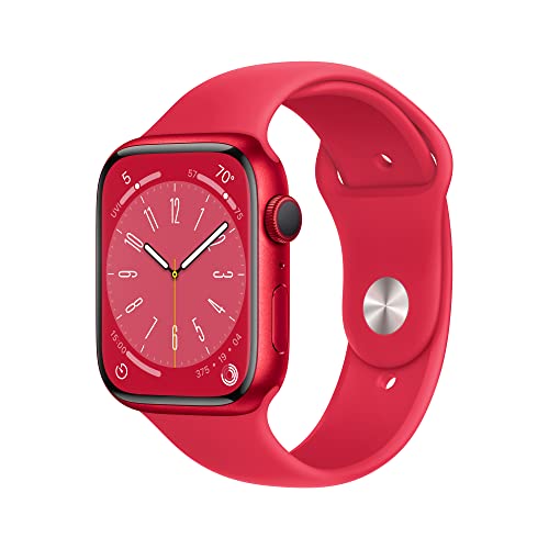 Apple Watch Series 8 (GPS 45mm) Smart watch - (PRODUCT) RED Aluminium Case with (PRODUCT) RED Sport Band - Regular. Fitness Tracker, Blood Oxygen & ECG Apps, Water Resistant