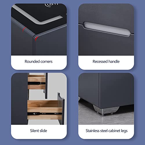 OFCASA 2 Drawers Bedside Table Smart Bedside Table with Wireless Charging Adjustable LED Lights Glass Top Nightstand for Bedroom 50 x 42 x 50cm, Black