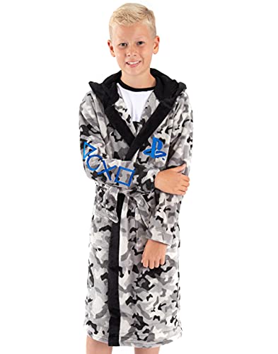 PlayStation Dressing Gown For Boys & Girls | Kids Camo Monochrome Game Controller Pocket Bathrobe | Childrens Soft Fluffy Nightwear Robe 9-10 Years