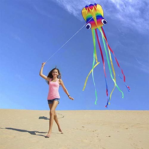 Huge Rainbow Soft Octopus Kite for Kids and Audlts- Large Kite with Long Tail and 200ft line-Easy to Fly kites for chlidren under 10