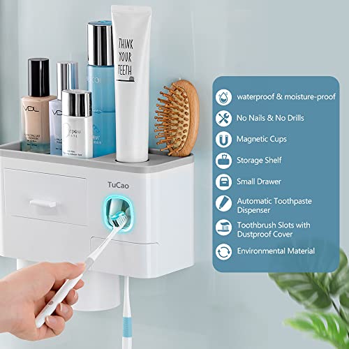 TuCao Automatic Toothpaste Dispenser Squeezer Kit with Toothbrush Holder Wall Mounted, 6 Toothbrush Slot with Cover, 2 Magnetic Cups and Cosmetic Organizer Drawer(2 Cups)