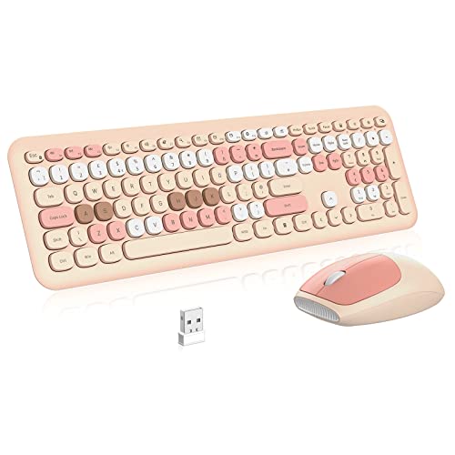Wireless Keyboard Mouse Combo, PINKCAT QWERTY UK Full Size Ergonomic Keyboard and Mouse Set with Cute Round Keys Design & Stable Connection for Windows PC Laptop Computer (Milk Tea Pink)