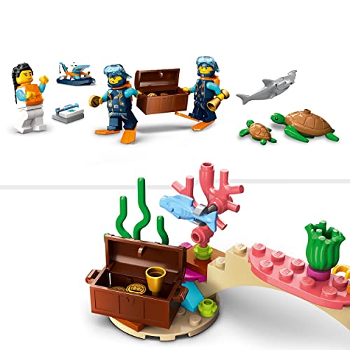 LEGO 60377 City Explorer Diving Boat Toy with Mini-Submarine, Shark, Crab, Turtle Manta Ray and Sea Animal Figures, Underwater Ocean Diving Set, for Kids Aged 5+