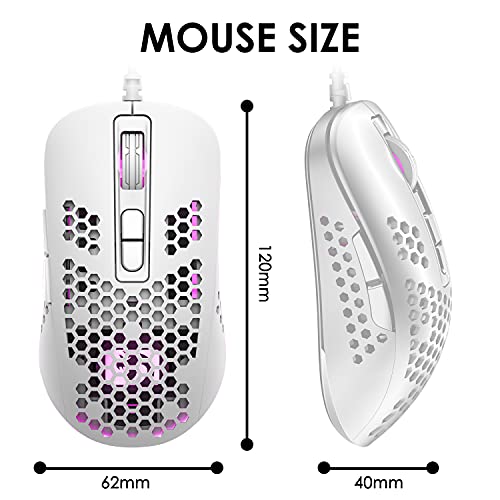 KUIYN 383 Ultralight Wired Gaming Mouse, Lightweight Honeycomb Shell, 4 RGB Breathing Backlit Mice, 4 Adjustable DPI 2400, USB Optical Computer Mice for Win10/XP/Xbox/PS4/PS5/Mac/Air/HP/Acer (White)