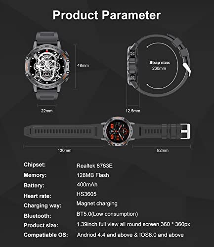 Men's Smartwatch Bluetooth Phone Call for Android iOS Phone 400 mAh 1.39" HD Sport Smartwatch Fitness Tracker 2 Watch Straps Black Silicone Male Music Smartwatch Heart Rate Sleep Health Monitor