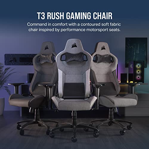 Corsair T3 RUSH Fabric Gaming Chair (2023) – Racing-Inspired Design – Soft Fabric Exterior – Padded Neck Cushion – Memory Foam Lumbar Support – Adjustable Seat Height – Grey & White