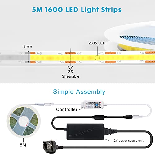 INDARUN Smart WiFi Cob Led Strip Light DC12V 5A, Dimmable Led Strip Set with APP Control, 5m Led Tape Light Kit 320LEDs/Meter for Home Decoration