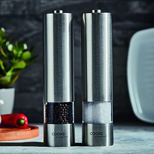 Cooks Professional Electric Automatic Salt & Pepper Mill Set with Adjustable Grinding, Easy to Refill, One Touch Button Condiment Grinder (Stainless Steel + Base)……