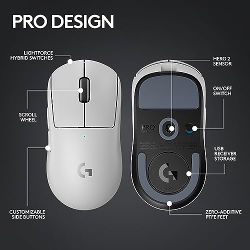 Logitech G PRO X SUPERLIGHT 2 LIGHTSPEED Wireless Gaming Mouse, Lightweight, LIGHTFORCE Hybrid Switches, HERO 2 Sensor, 32,000 DPI, 5 Programmable Buttons, USB-C Charging, PC & Mac - White
