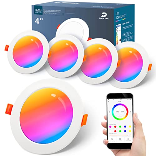 DUSKTEC LED RGB Downlights, Smart Spot Lights for Ceiling Colour Changing 10W, IP44 White Recessed Spotlights Dimmable Bluetooth APP Controlled for Bathroom Kitchen Lighting, 95-110mm Cutout, 4 Pack