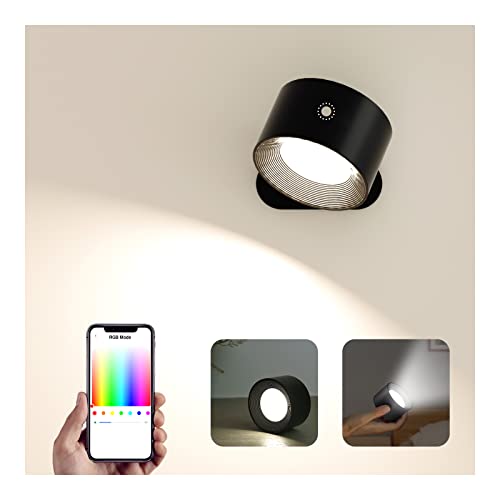 Wall Light Indoor, Wall Lamp Dimmable with Battery with USB Charging Port, Smart Wall Lamp Touch Control 3 Brightness Levels 16 Million Colours 360° Rotatable for Living Room (Black+Colorful Light)