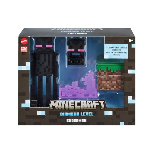 Minecraft Diamond Enderman Action Figure with Accessories Including Flocked Grass Block, 5.5-inch Toy Collectible, HLN40