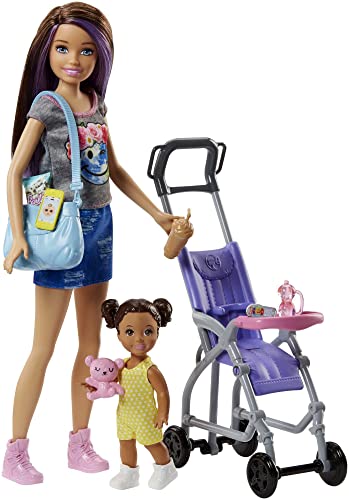 Barbie Skipper Babysitters Doll Playset, Brunette Skipper Doll with Brown Baby Doll, Baby Stroller and Doll Accessories, Toys for Ages 3 and Up, Two Dolls, FJB00