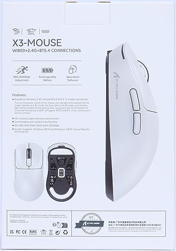 ATTACK SHARK X3 49g SUPERLIGHT Mouse, PixArt PAW3395 Gaming Sensor, BT/2.4G Wireless/Wired Gaming Mouse, 6 Adjustable DPI up to 26000, 200 Hrs Battery, G502, Office Mice for Win11/Xbox/PS/Mac (White)