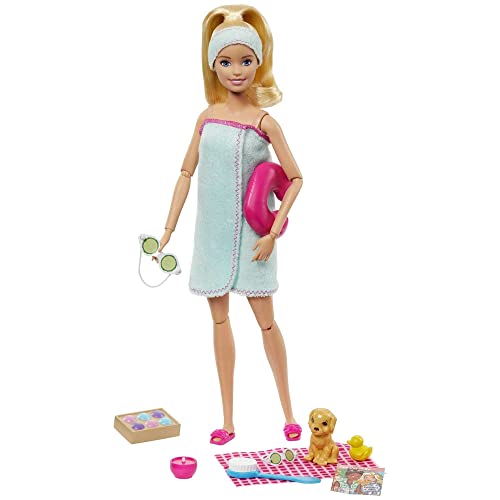 Barbie Spa Doll, Blonde, with Puppy and 9 Accessories, Including Neck Pillow, Rubber Duck and Cucumber Eye Masks, Gift for Kids 3 to 7 Years Old