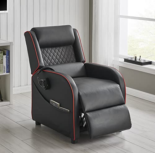 Gaming Recliner Gaming Armchair, Gaming Chair with Footrest and Headrest with Reclining Function for Ultimate Gaming Set Up with Chair Side Pockets in (Black with Red Trim)