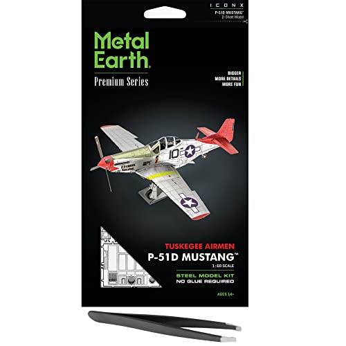 Metal Earth Fascinations Premium Series Tuskegee Airmen P-51D Mustang Red Tail 3D Metal Model Kit Bundle with Tweezers