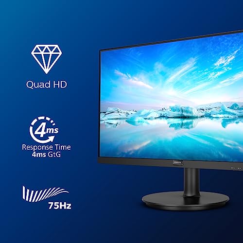 PHILIPS 275V8LA - 27 Inch QHD Monitor, VA, 4ms, 75Hz, Adaptive Sync, Low Blue Mode, Flicker Free, Speakers, Vesa 100, Tilt (2560 x 1440 @ 75Hz, 250 cd/m², HDMI 1.4 / DP 1.2)