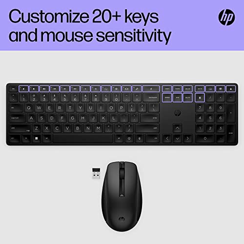 HP 650 Wireless Keyboard & Mouse Set. 20+ customisable keys and mouse sensitivity, 20+ months battery, multi-surface use, made with 60% recycled materials. 4 batteries and nano dongle included