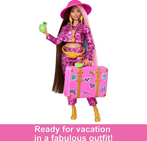 Travel Barbie Doll with Safari Fashion, Barbie Extra Fly, Animal Print Outfit and Pink Suitcase, HPT48, Gold,pink,silver