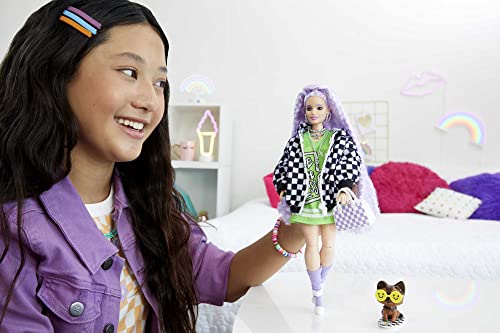 Barbie Dolls and Accessories, Barbie Extra Doll with Crimped Lavender Hair and Pet Puppy, Checkered Jacket, Toys and Gifts for Kids, HHN10