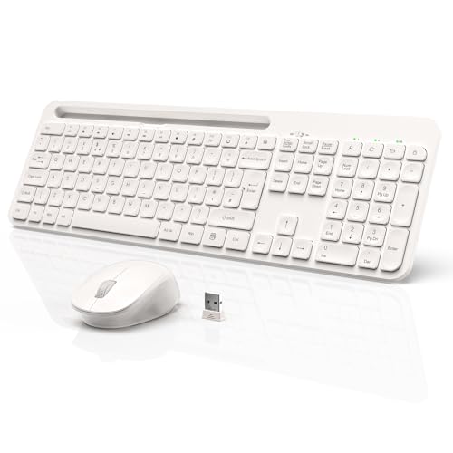 Wireless Keyboard and Mouse Set UK, Full Size Slim Keyboard with Phone Holder, 2.4GHz Unifying USB-Receiver, Energy Saving, Cordless Ergonomic Quiet Mice Keyboard Combo for Office, PC, Laptop (White)