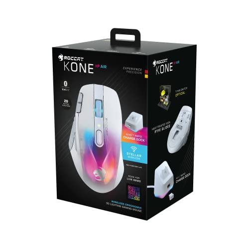 Roccat Kone XP Air – Wireless Gaming Mouse, 19K DPI Optical Sensor, 100h Battery, Charging Dock, AIMO RGB Lighting, White