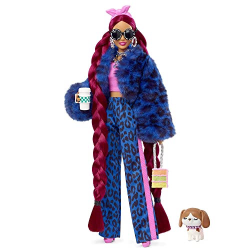 Barbie Dolls and Accessories, Barbie Extra Doll with Burgundy Braids and Pet Puppy, Furry Jacket, Toys and Gifts for Kids