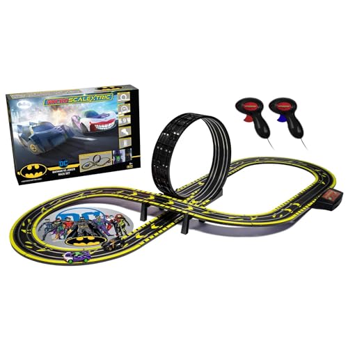 Micro Scalextric Sets for Kids Age 4+ - Batman vs Joker Set, Battery Powered Electric Racing Track Set, Slot Car Race Tracks - Incl. 2x Cars, 1x Track, 1x Powerbase, 2x Controllers & Track Graphic