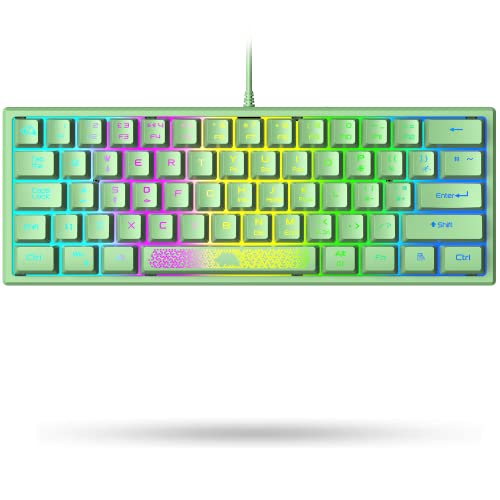 LexonElec K61 pro - [UK Layout] 60% percent Green Keyboard Gaming Mini Cute - RGB Illuminated LED Light up USB Wired Compact - Small Portable Mechanical Feel Aesthetic for PC Laptop MAC ps4 Gamer