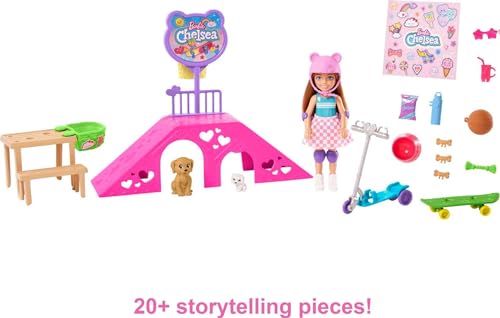 Barbie Toys, Chelsea Doll and Accessories, Skatepark Playset with 2 Puppies, Skate Ramp, Scooter, Sticker Sheet and 15+ Additional Pieces