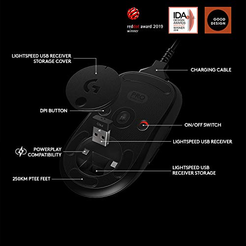 Logitech G PRO Wireless Gaming Mouse, HERO 25K Sensor, 25,600 DPI, RGB, Ultra Lightweight, 4-8 Programmable Buttons, Long Battery Life, POWERPLAY-compatible, UK Packaging, PC/Mac - Black