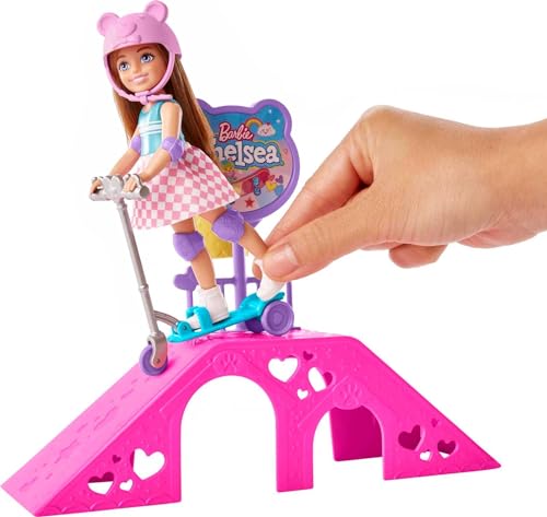 Barbie Toys, Chelsea Doll and Accessories, Skatepark Playset with 2 Puppies, Skate Ramp, Scooter, Sticker Sheet and 15+ Additional Pieces