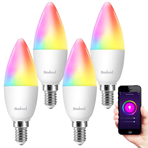 Boxlood E14 Smart Candle Bulb Dimmable RGB Cool White & Warm White, Compatible with Alexa & Google Home, Smart Life Wi-Fi LED Bulb, iOS Android Remote Control, 5W, No Hub Required, 4 Pack