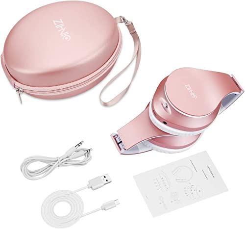 ZIHNIC Bluetooth Headphones Over-Ear, Foldable Wireless and Wired Stereo Headset Micro SD/TF, FM for Cell Phone,PC,Soft Earmuffs &Light Weight for Prolonged Wearing(Rose)