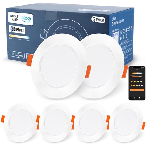 DUSKTEC Smart LED Downlights for Ceiling Alexa, 10W Bluetooth Warm White to Daylight Dimmable Spot Lights, 4" Recessed Ceiling Lights APP and Voice Control for Living Room Bedroom Kitchen, 6 Pack