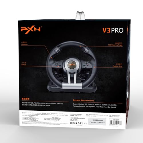 PXN V3 PRO Gaming Steering Wheel and Pedals, 180° Racing Wheel with Vibration Feedback,Xbox Steering Wheel, Gaming Wheel for PC, PS3, PS4, Xbox One, Xbox Series X/S, Switch -Black