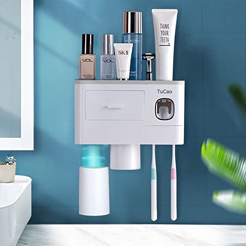 TuCao Automatic Toothpaste Dispenser Squeezer Kit with Toothbrush Holder Wall Mounted, 6 Toothbrush Slot with Cover, 2 Magnetic Cups and Cosmetic Organizer Drawer(2 Cups)