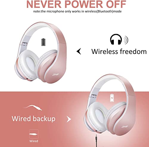 ZIHNIC Bluetooth Headphones Over-Ear, Foldable Wireless and Wired Stereo Headset Micro SD/TF, FM for Cell Phone,PC,Soft Earmuffs &Light Weight for Prolonged Wearing(Rose)