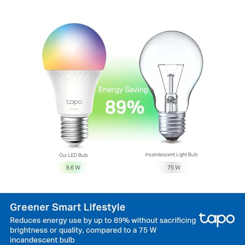 Tapo Matter Smart Wi-Fi LED Bulb, Multicolours, E27, 8.6W, Energy Monitoring, Works with Apple HomeKits, Amazon Alexa and Google Home, Colour-Changeable, No Hub Required (Tapo L535E) [Energy Class E]