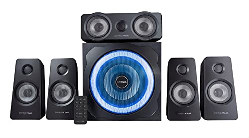 Trust Gaming GXT 658 Tytan 5.1 Surround Sound Speaker System, PC Speakers with Subwoofer, UK Plug, LED Illuminated, 180 W - Black/Blue