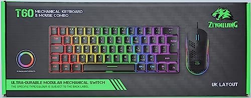 T60 UK Layout 60% Mechanical Keyboard and Mouse Set, Compact 62 Keys Mini Wired Gaming Keyboard 19 Rainbow Backlit + 6400DPI RGB Ultra-Light PC Gaming Mice + Mouse Pad For Laptop/MAC-Black/Red Switch