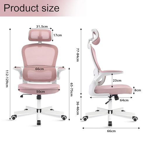 Bliswood Office Chair With Headrest, High Back Ergonomic Mesh Chair With 90° Flip-up Arm Swivel Computer Chair, Adjustable Height 360° Rotation Gaming Chair For Home Office (Pink)